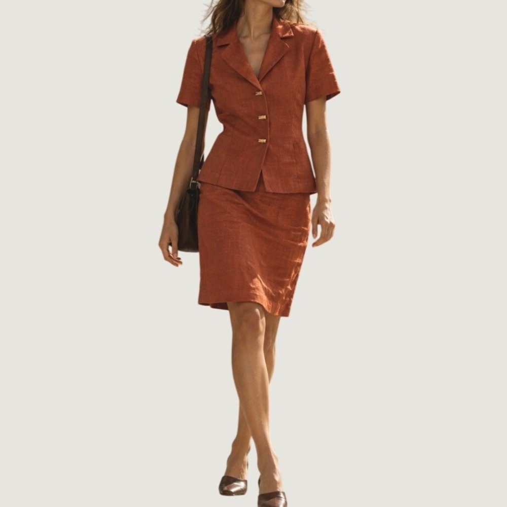Vintage 90s Skirt Suit 2pc Linen Toggle Blazer Pencil Skirt 8 Orange Lagenlook